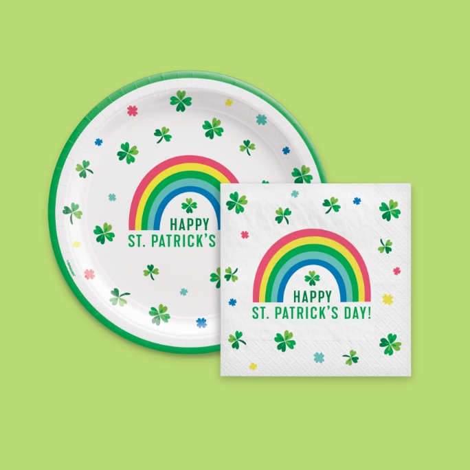 A matching plate and napkin with shamrocks and rainbows that reads "HAPPY ST. PATRICK'S DAY!"