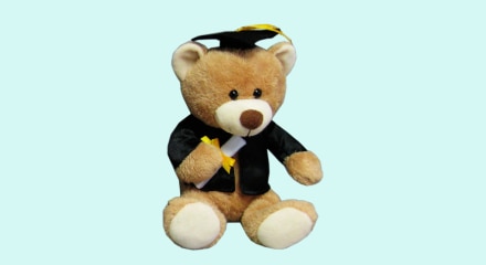 A tan teddy bear wearing a standard black graduation gown and graduation cap with a tassel holding a rolled diploma.