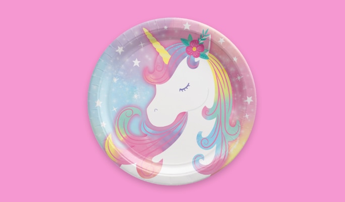 A round plate with a unicorn design.