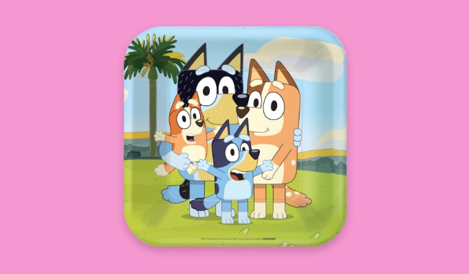 A square plate with Bluey characters.