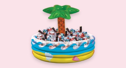 An inflatable island-shaped drink cooler.