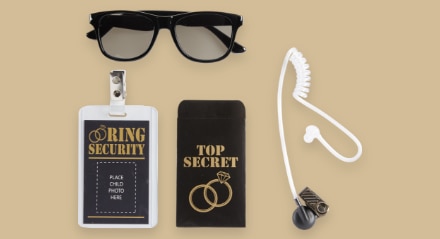 A pair of black sunglasses, a badge that reads "RING SECURITY", a ring holder that reads "TOP SECRET", and an ear piece.