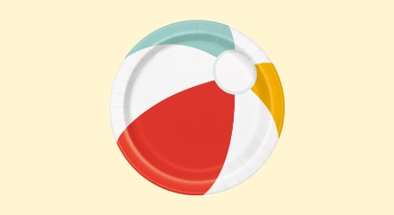 A round beachball-patterned paper plate.