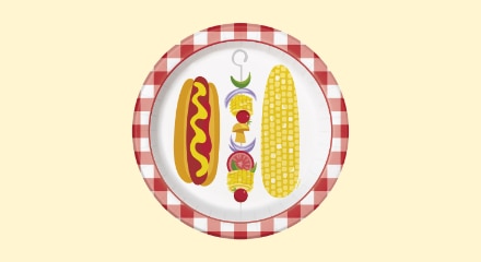 A round paper plate with images of a hotdog, corn on the cob and skewered vegetables.