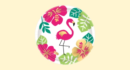 A round paper plate with a flamingo and flower pattern.