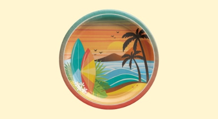 A round paper plate with a beach scene print.