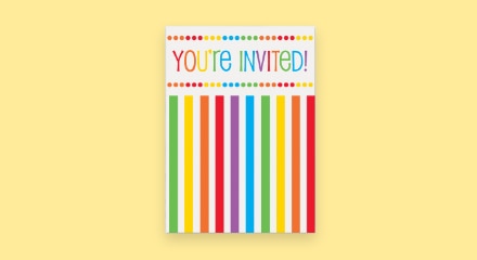 A rainbow-patterned invitation that reads 'YOU'RE INVITED!'
