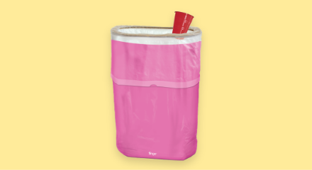 A pink reusable trash bin.