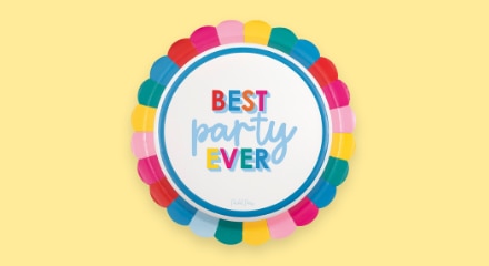 A multi-coloured plate with ruffled edges that reads 'BEST party EVER'.