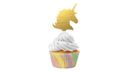 A unicorn themed cupcake.