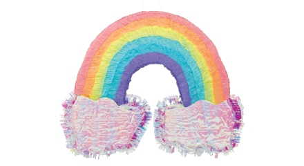 A rainbow-shaped piñata.