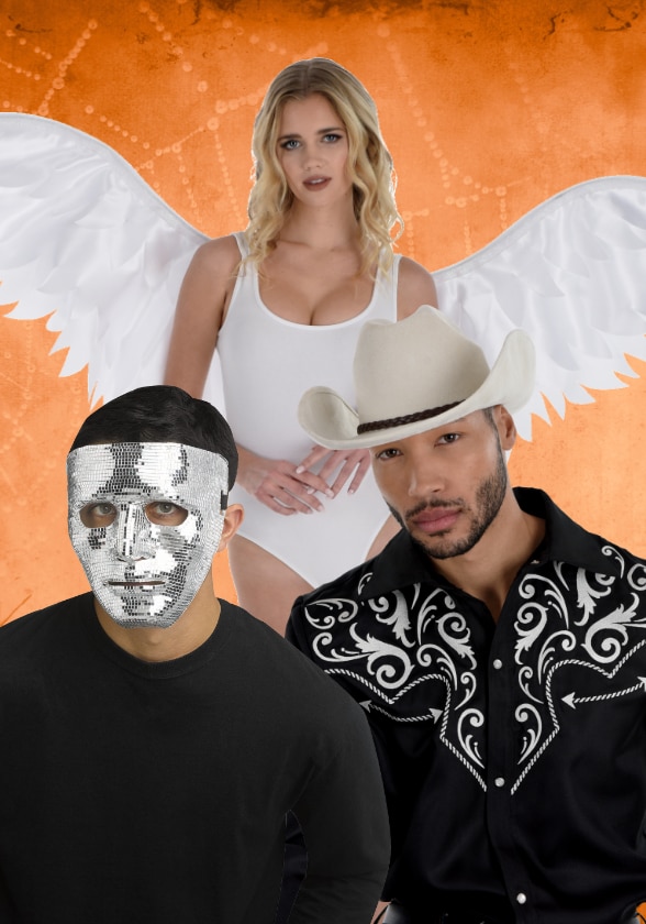 A woman dressed as an angel, a man dressed as a cowboy and a person wearing a silver face mask.