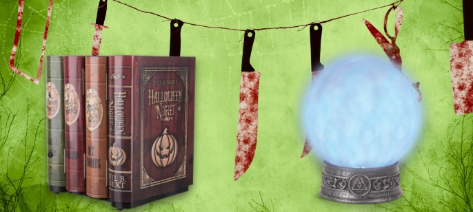 A hanging banner of bloody knives, books and a crystal ball.