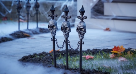 Des piquets de jardin décoratifs avec crânes et chaînes.