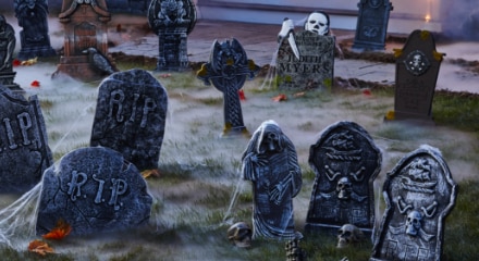 Various outdoor Halloween decorations.