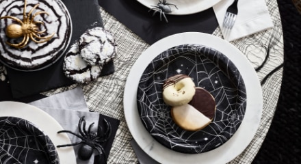 Halloween tableware and serving supplies.