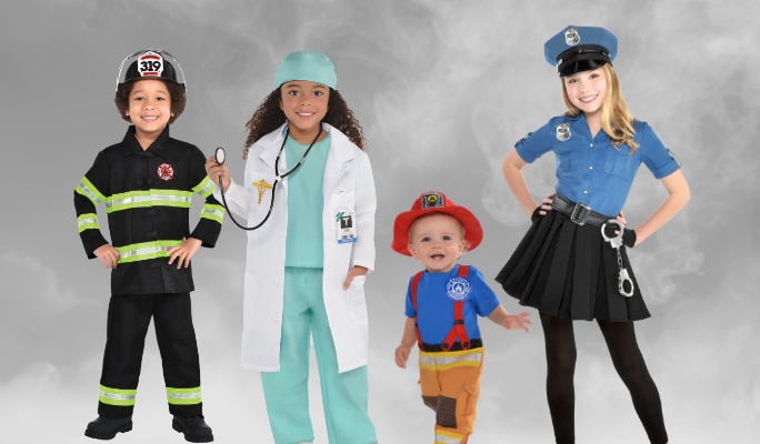 Four children wearing assorted everyday hero costumes.