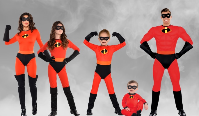 Two kids, a baby and two adults wearing The Incredibles costumes.