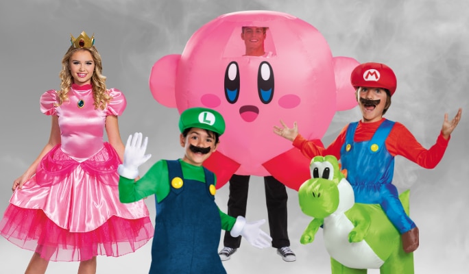 Four people dressed as assorted Super Mario Bros. characters.