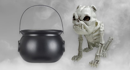 Cauldron and skeleton dog decorations.