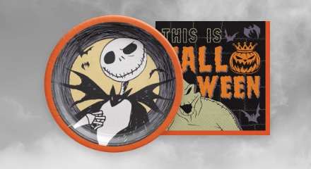 A Halloween-themed paper plate and napkin.