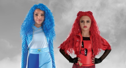 Two people wearing Descendants costumes.