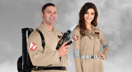 Two people dressed as Ghostbusters.