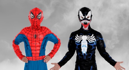 One person dressed as Spider-Man and one dressed as Venom.