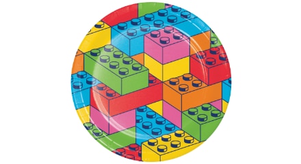 Une assiette avec un motif de blocs colorés.