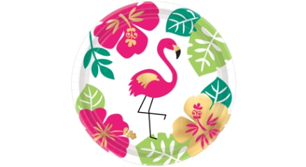 Une assiette avec une image de fleurs et d’un flamant rose.