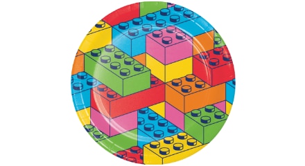 A plate with a colourful toy building block pattern.