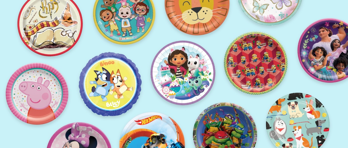 A variety of fun kids' party plates.