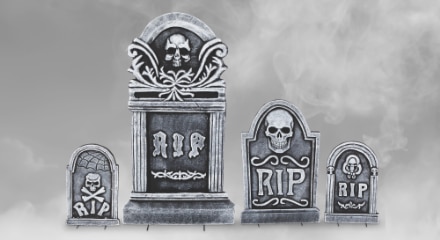 Outdoor Halloween tombstone decorations.