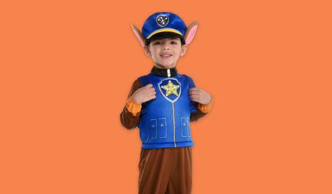 A boy wearing a PAW Patrol costume.