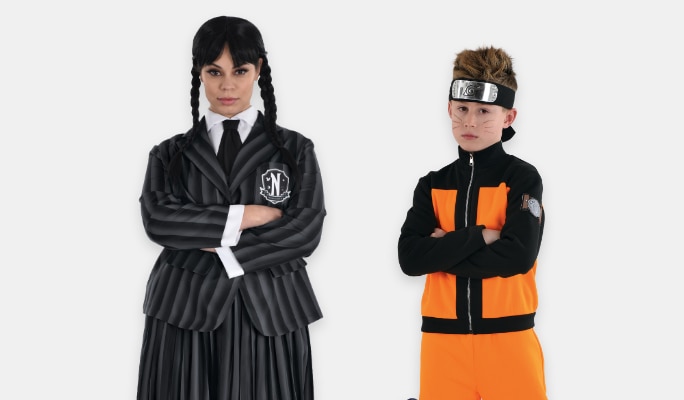 A girl wearing a Wednesday Addams costume and a boy wearing a Naruto costume.