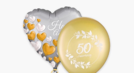 A bouquet of anniversary themed balloons.