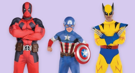 Three people wearing a Deadpool costume, a Captain America costume and a Wolverine costume.