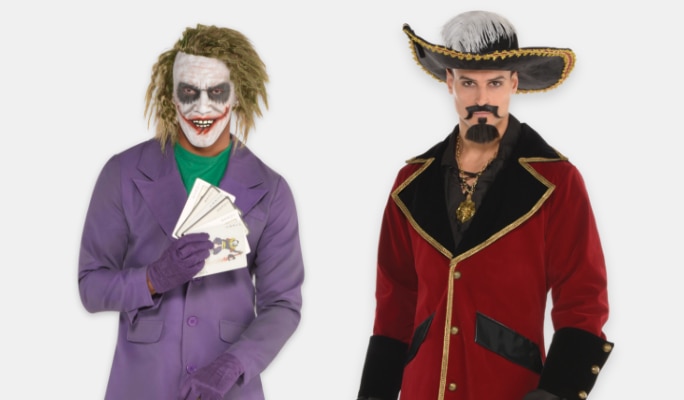 A man wearing a Joker costume standing beside a man dressed in a pirate costume.