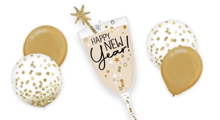 A champagne shaped balloon with the words 'Happy New Year' 'printed on the front surrounded by white and gold balloons.