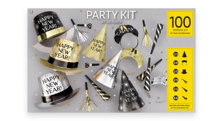 Black, gold and silver New Year's Eve-themed party hats, tiaras  and blowouts. 