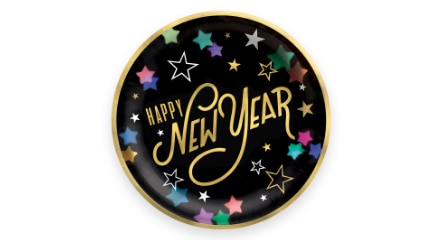 A black dinner plate with colourful stars and the words 'Happy New Year' printed on the front.