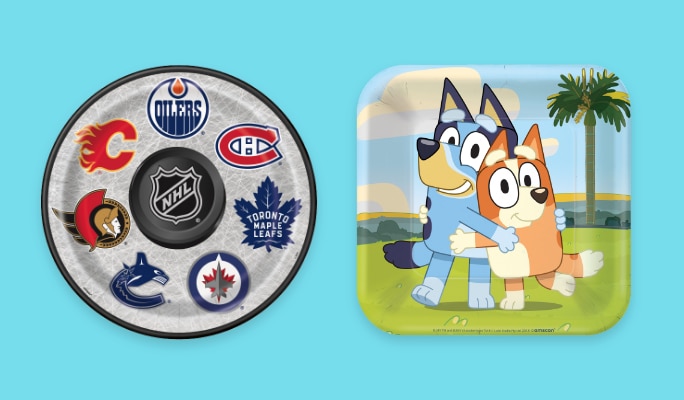 An NHL-themed paper  plate beside a Bluey-themed paper plate.