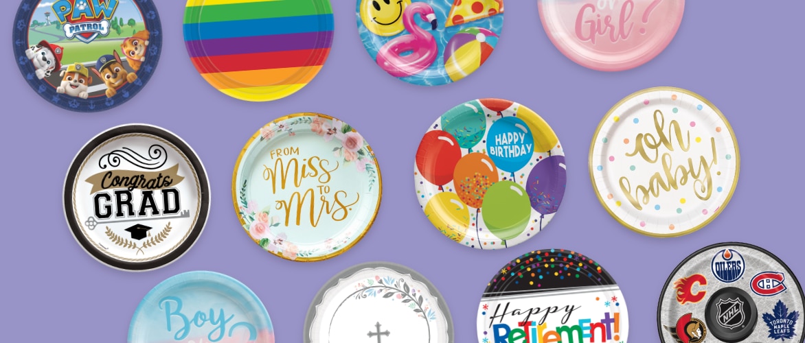 Rows of multiple plates of different colours and themes and for different holidays on a purple background.