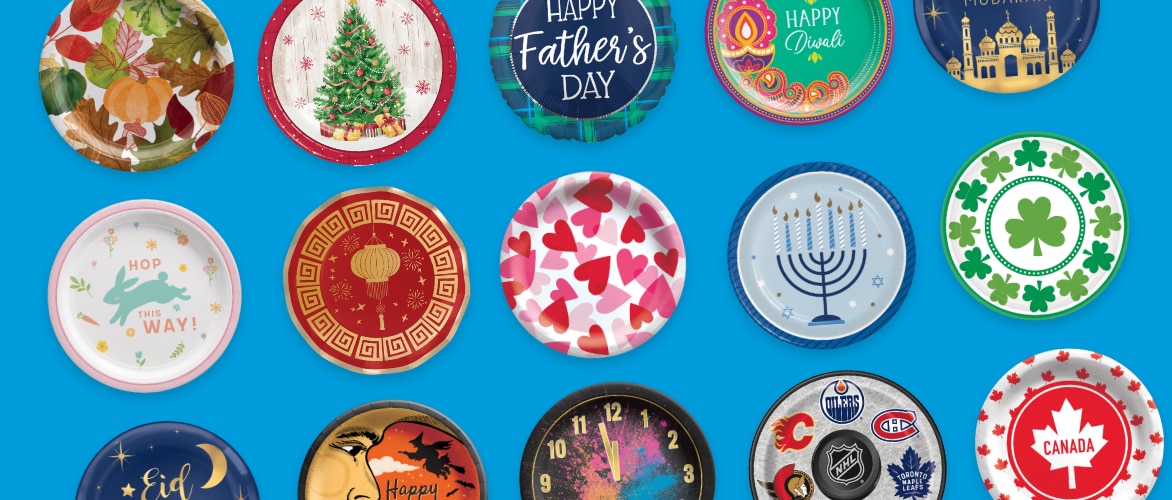 A blue background with several dinner plates displaying multiple holiday themed images and sayings.