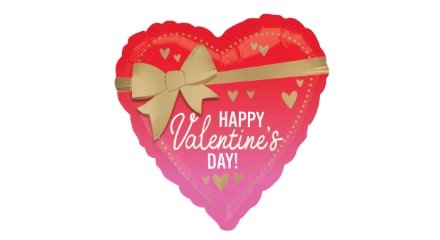 A helium-filled red and pink heart with a gold bow that says 'Happy Valentine's Day' on the front.