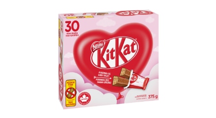 A pink and red Valentine's-themed box of thirty kit kat chocolate bars.