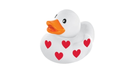 A white rubber duck with red hearts.