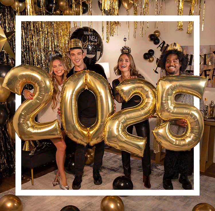 Image1: Four people wearing NYE party hats and headbands holding gold inflatable numbers that spell out 2025.  Image 2: A room decorated in black and silver NYE decorations with the banners 'Happy New Year' and '2025' with, balloons and a table set up for a NYE feast with drinks and themed decor.  Image 3: A black and gold table motif with a charcuterie board and a dinner plate that says 'Happy New Year'   Image 4: A man and a woman standing in a black and silver room decorated for NYE wearing party hats and holding blowouts.