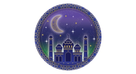 A purple and gold Eid-themed paper plate.