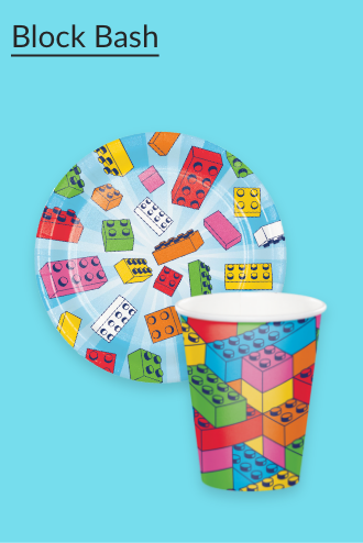 A block bash-themed paper plate and cup.